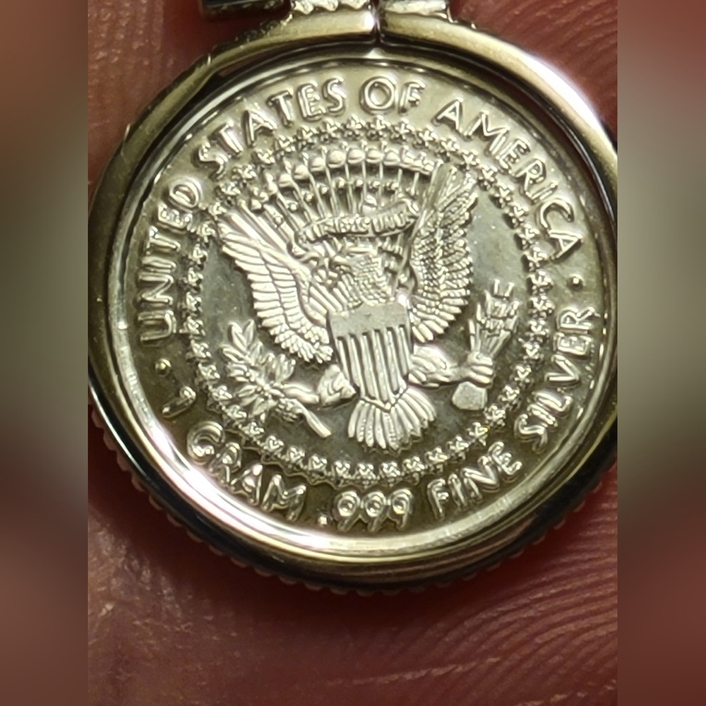 .999 Fine Silver Trump Pendant Double Sided 1.3" Long 925 Bezel - New